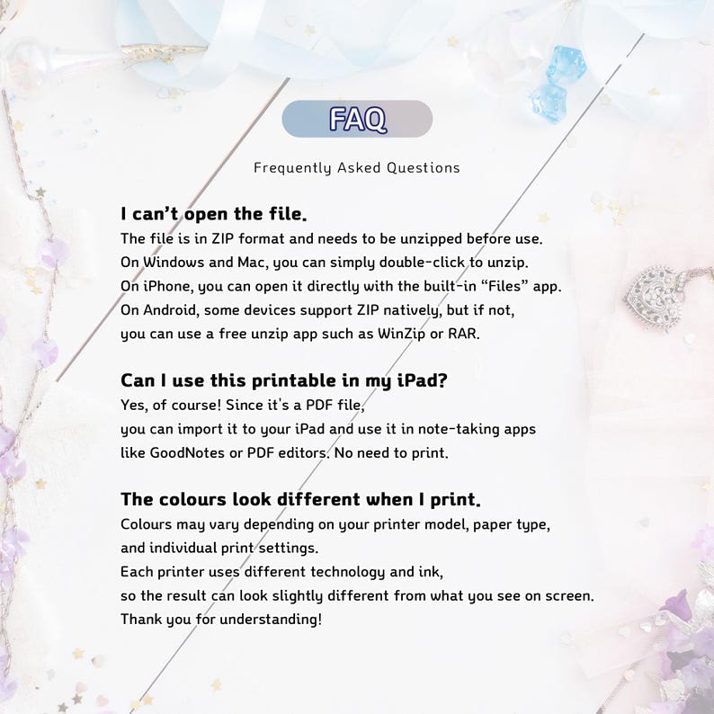 Puede incluir: Un documento digital con el t&iacute;tulo "FAQ - Preguntas frecuentes". Explica c&oacute;mo abrir archivos, usar el documento en un iPad y las variaciones de color al imprimir. Fondo blanco con elementos decorativos.