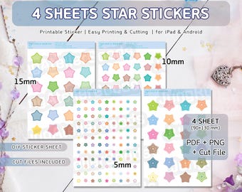 Hoja de pegatinas de estrellas de 5 mm, 10 mm y 15 mm para niños, pegatinas de recompensas con puntos de estrella con borde minimalista, formas funcionales para planificar, planificador digital DIY.