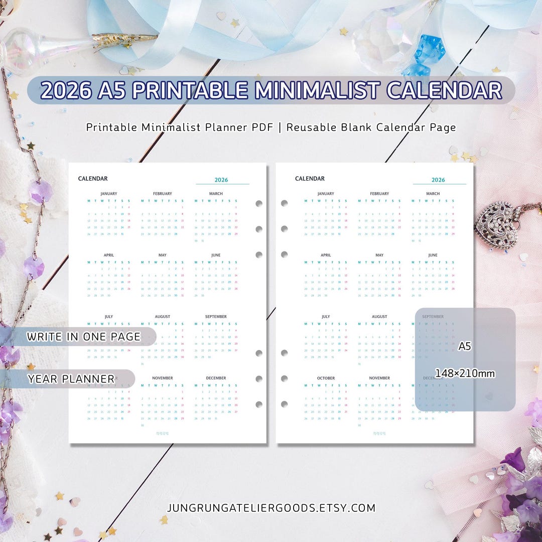 2026 A5 Calendar Printable Minimalist One Page Year at a Glance Soft ...