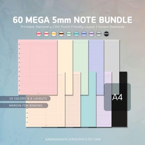 60 Printable Lined Paper Mega Bundle 10 Colors A4 Note Taking Inserts 5mm Dot Grid Cornell Layouts with Binding Margin and Crop Marks