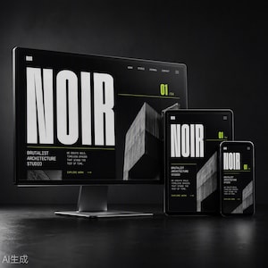 Op de afbeelding: Een computermonitor, een tablet en een smartphone tonen een website met een zwarte achtergrond, witte tekst met de tekst NOIR en de ondertitel BRUTALIST ARCHITECTURE STUDIO. Het ontwerp bevat een monochroom beeld van een gebouw en limoengroene accenten.