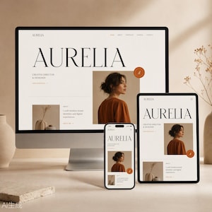 May include: A computer monitor, a tablet, and a smartphone displaying a website for Aurelia, a creative director and designer. The interface features a neutral color palette, serif typography, and a photograph of a person in a brown shirt.