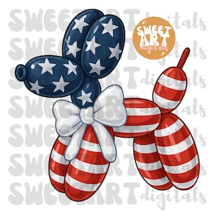 4. Juli Ballon Hund, Coquette Bow, 4. Juli, Bunt, Rot Weiß Blau, PNG, Digitale Datei, USA Stars & Stripes, Herunterladen, Sublimation