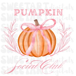 May include: A watercolour illustration of a pumpkin with a pink ribbon, surrounded by pink leaves. The text "Sweetart Pumpkin Social Club" is written in pink letters above the pumpkin.
