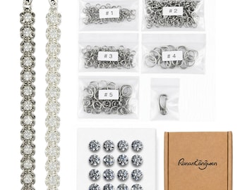 May include: Two silver-toned chain maille bracelets with lobster clasps, five clear plastic bags containing various sizes of metal jump rings labeled #1 through #5, one single lobster clasp, sixteen round clear stones, and a brown cardboard box.