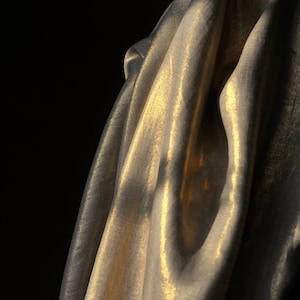 May include: Close-up of shimmering, draped fabric in shades of gold and silver. The material has a subtle sheen, with folds and shadows creating depth. The background is a solid black, highlighting the texture and color of the fabric.