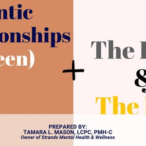 May include: A graphic with a peach background and white text that reads "Romantic Relationships (as a teen)" and a plus sign. The background is white with gray text that reads "The Birds" and a black ampersand symbol. The text "The Bees" is in yellow.