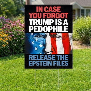 May include: A black yard sign with the text "IN CASE YOU FORGOT TRUMP IS A PEDOPHILE" in red and white. Below is a painted image of a face with the American flag. The bottom text reads "RELEASE THE EPSTEIN FILES" in blue.