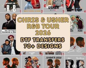 May include: A collection of DTF transfers featuring Chris Brown and Usher. The central design reads "CHRIS & USHER R&B TOUR 2026" with "DTF TRANSFERS 70+ DESIGNS" below. Various images of the artists are displayed.
