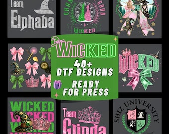 May include: A collage of nine images featuring designs for t-shirts with a Wicked theme. The designs include text, crowns, bows, and witches' hats in pink, green, and black.