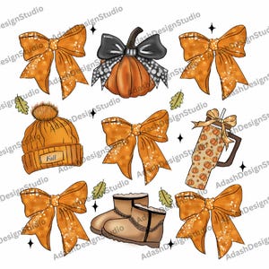 May include: A set of ten digital clipart images featuring fall-themed designs. The images include a pumpkin, a hat with a pom-pom, a pair of boots, a coffee cup, and five bows with glitter accents. The images are in shades of orange, brown, and black.