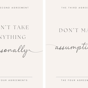 Puede incluir: Cuatro láminas artísticas minimalistas con citas inspiradoras. Cada lámina presenta texto en fuente serif con una palabra en cursiva, sobre un fondo rosa pálido. Las citas incluyen: "Don't take anything personally."