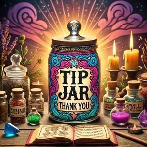 May include: A colorful glass jar with a star on top and the words "Tip Jar Thank You" on the front. The jar is surrounded by small glass bottles and candles.