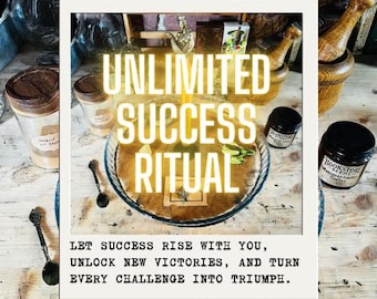 May include: A glass bowl containing brown powder and a central candle, surrounded by small glass jars, wooden mortars, and metal spoons. The text reads UNLIMITED SUCCESS RITUAL and LET SUCCESS RISE WITH YOU, UNLOCK NEW VICTORIES, AND TURN EVERY CHALLENGE INTO TRIUMPH.
