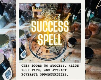 May include: A glass plate featuring a black pentagram design, surrounded by various glass jars and bottles. The text reads SUCCESS SPELL and OPEN DOORS TO SUCCESS, ALIGN YOUR PATH, AND ATTRACT POWERFUL OPPORTUNITIES. A small metal spoon rests nearby.
