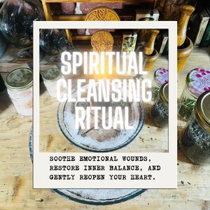 May include: A glass dish containing white salt and small dark herbs, surrounded by several glass jars filled with various dried herbs and salts. The text reads SPIRITUAL CLEANSING RITUAL, SOOTHE EMOTIONAL WOUNDS, RESTORE INNER BALANCE, AND GENTLY REOPEN YOUR HEART.