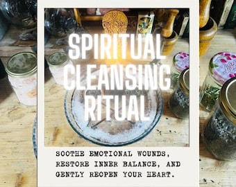 May include: A glass dish containing white salt and small dark herbs, surrounded by several glass jars filled with various dried herbs and salts. The text reads SPIRITUAL CLEANSING RITUAL, SOOTHE EMOTIONAL WOUNDS, RESTORE INNER BALANCE, AND GENTLY REOPEN YOUR HEART.