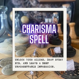 Könnte beinhalten: Eine Auswahl an Artikeln für einen Charisma-Zauber, darunter Steine, Kerzen und Kristalle. Das Bild zeigt den Text "CHARISMA SPELL" und den Satz "UNLOCK YOUR ALLURE, DRAW EVERY EYE, AND LEAVE A DEEP UNFORGETTABLE IMPRESSION."