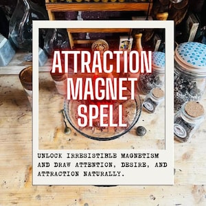 Puede incluir: Un cuenco de cristal con velas rojas y hierbas secas, rodeado de frascos de cristal con tapones de corcho. La imagen incluye el texto "ATTRACTION MAGNET SPELL" y "UNLOCK IRRESISTIBLE MAGNETISM AND DRAW ATTENTION, DESIRE, AND ATTRACTION NATURALLY."