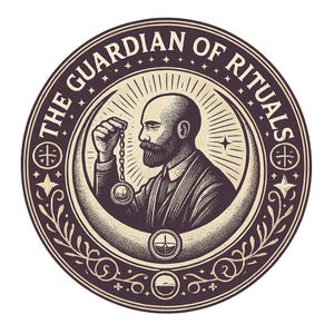 Puede incluir: Ilustraci&oacute;n circular de un hombre con barba sosteniendo un reloj de bolsillo con una cadena. El texto "THE GUARDIAN OF RITUALS" rodea la imagen. El dise&ntilde;o incluye estrellas, una luna creciente y elementos decorativos de estilo vintage.