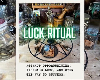 May include: A wooden surface featuring a drawn pentagram, a central blue crystal, metallic insect figurines, and a small card with a symbol. The text LUCK RITUAL and ATTRACT OPPORTUNITIES, INCREASE LUCK, AND OPEN THE WAY TO SUCCESS are printed on the image.