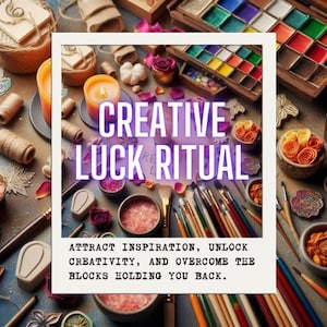 Puede incluir: Naturaleza muerta artística con una vela naranja encendida, pinceles y una paleta de pinturas coloridas. La imagen incluye el texto "CREATIVE LUCK RITUAL" y "ATTRACT INSPIRATION, UNLOCK CREATIVITY, AND OVERCOME THE BLOCKS HOLDING YOU BACK."