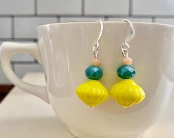 Dainty Yellow Beaded Mid Century Mod Earrings/Mid Century Mod Style Earrings/Yellow and Green Beaded Earrings/Beaded Dangle Earrings