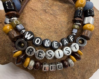 Resistance -2 Bracelet Stack  wood, hematite, metal, choose 2