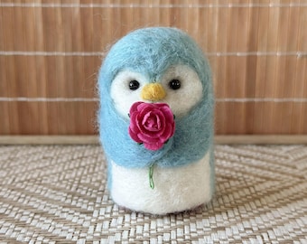 Blue Needle Felted Penguin - Holding Pink Rose