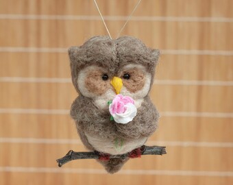 Needle Felted Owl Ornament - Holding Pink Rose