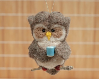 Needle Felted Owl Ornament - Drinking Coffee