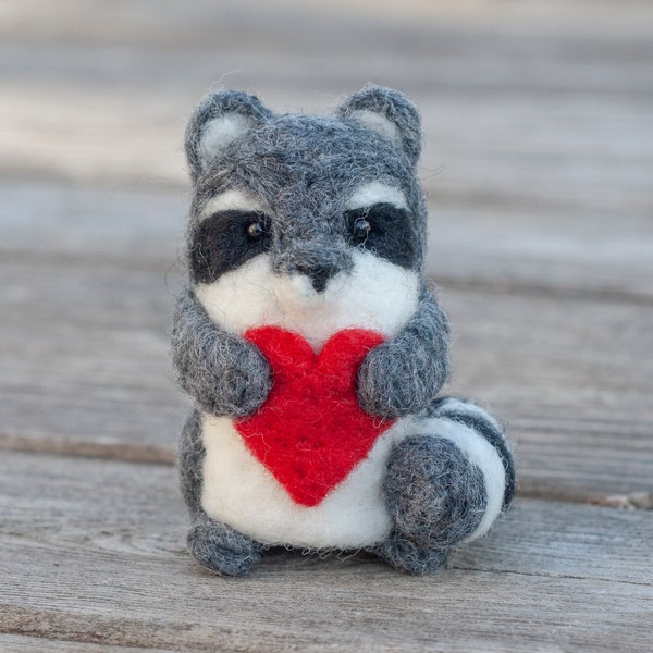 Needle Felted Raccoon - Holding Heart