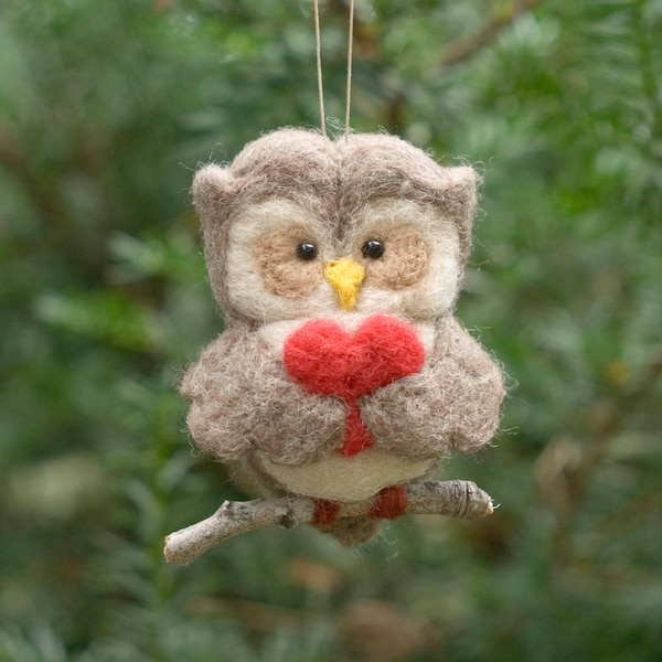 Needle Felted Owl Ornament - Valentine Heart
