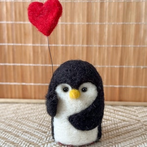 Needle Felted Penguin - Valentine Heart Balloon