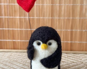 Needle Felted Penguin - Valentine Heart Balloon