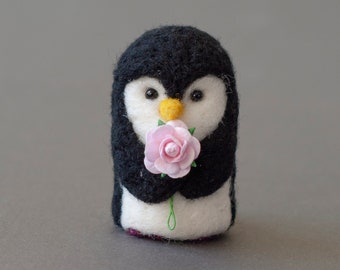 Needle Felted Penguin - Holding Pink Rose