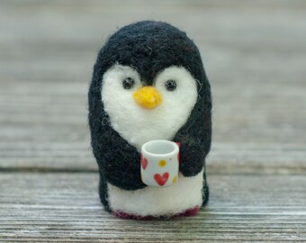 Needle Felted Penguin Ornament - Drinking Coffee