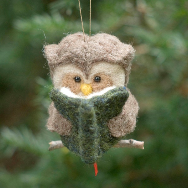 Needle Felted Owl Ornament - Reading