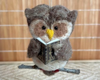 Needle Felted Owl Ornament - Reading
