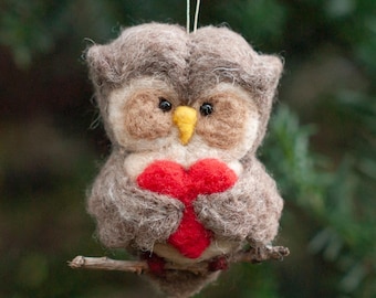Needle Felted Owl Ornament - Valentine Heart