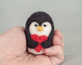 Needle Felted Penguin - Valentine Heart