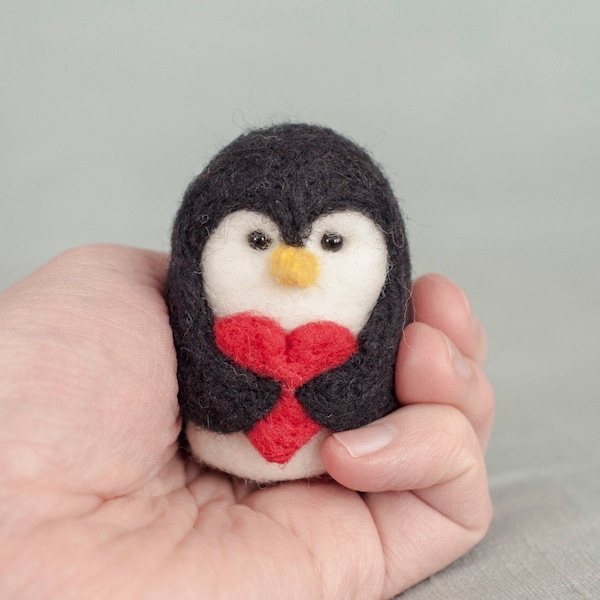 Needle Felted Penguin - Valentine Heart