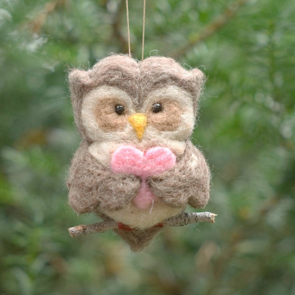 Needle Felted Owl Ornament - Valentine Heart