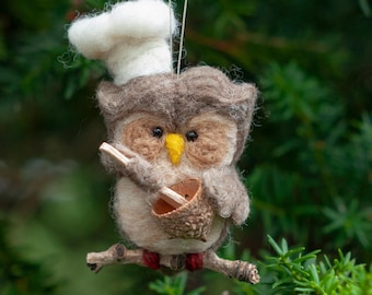 Needle Felted Owl Ornament - Chef