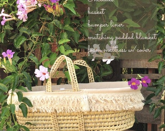 Moses Basket Bedding Set - Includes, Basket, Mattress, Fitted Sheet, Padded Bumper Bedding