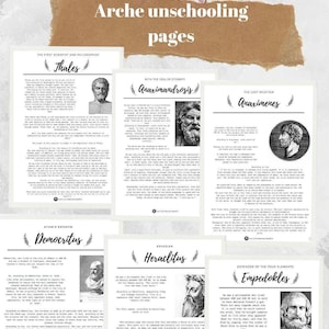 Puede incluir: Un conjunto de seis páginas imprimibles en blanco y negro que presentan los nombres y los retratos de seis filósofos griegos antiguos: Tales, Anaximandro, Anaxímenes, Demócrito, Heráclito y Empédocles. Cada página incluye una breve descripción de la vida y la obra del filósofo.