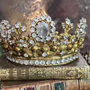 Antique Saints Crown French Holy Mary Jeweled Crown Rhinestones Gilded Brass Santos Crown