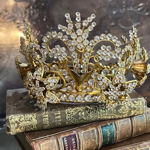 Antique Saints Crown French Holy Mary Jeweled Crown Rhinestones Gilded Brass Santos Crown