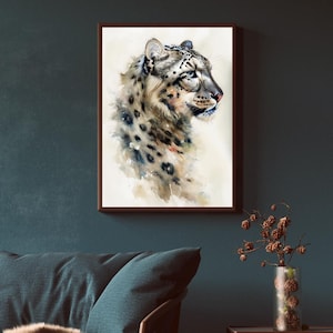 Beautiful Leopard Wall Art, Snow Leopard Print, Endangered Species poster, big cats Decor, safari animal watercolour Painting
