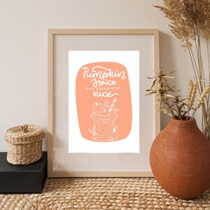 Impresión de especias de calabaza para decoración de otoño, póster de otoño, arte de pared de Acción de Gracias, decoración minimalista de Halloween, arte de café con leche de calabaza